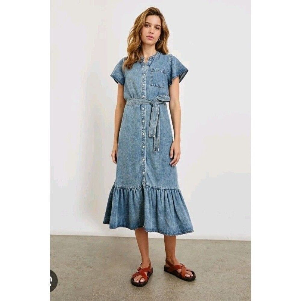 Rails Denim Dress Women's Size S Mid Blue Tencel Midi Flutter Sleeve Snap Button